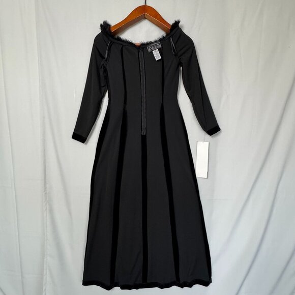 Vintage Alex Evening Black Velvet Faux Fur Off Shoulder Long Sleeve Maxi Dress - Picture 10 of 14